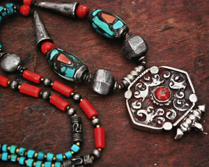 Vintage Nepali Coral Turquoise Necklace with Gau Amulet