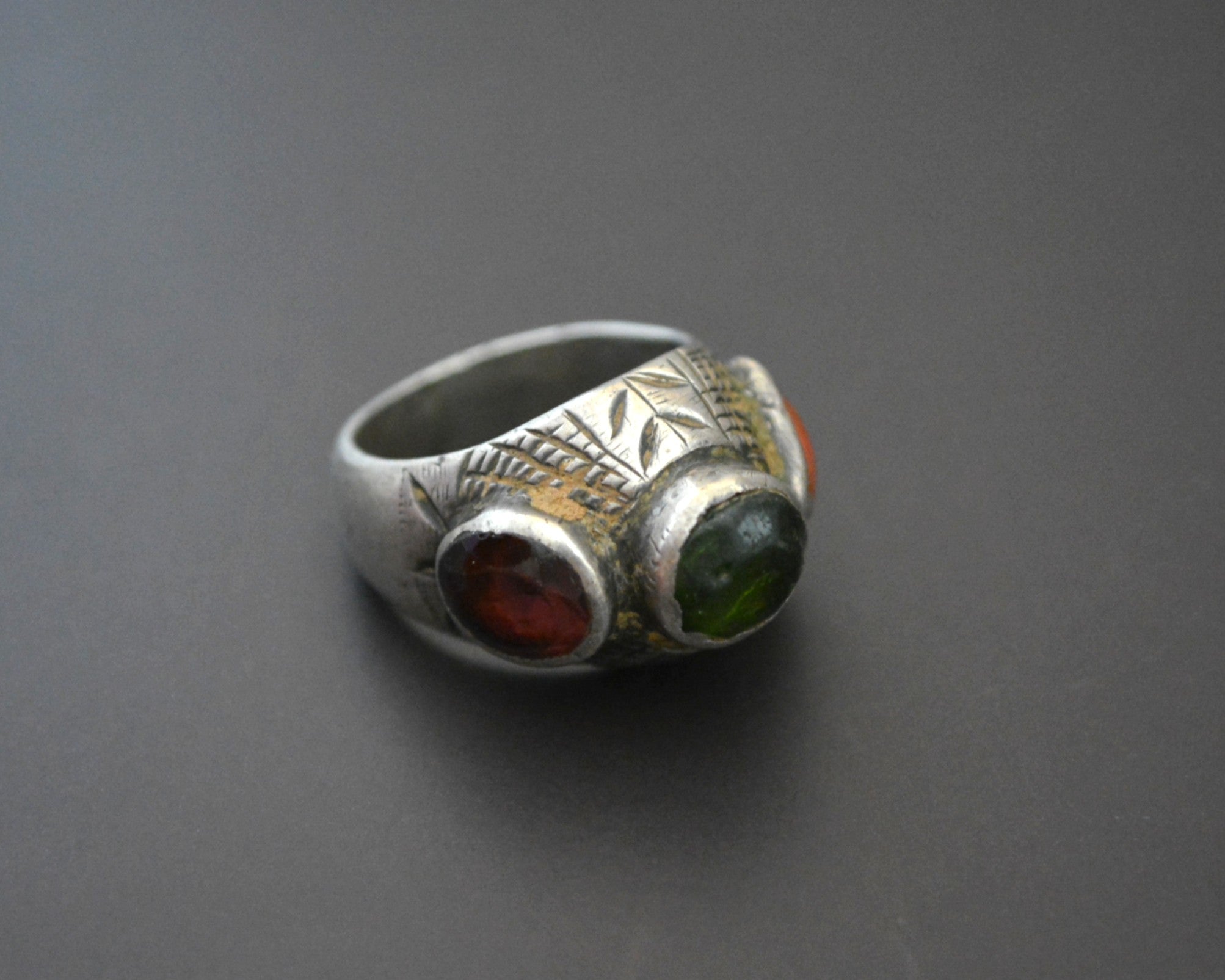 Old Afghani Coral and Glass Ring - Size 6.5