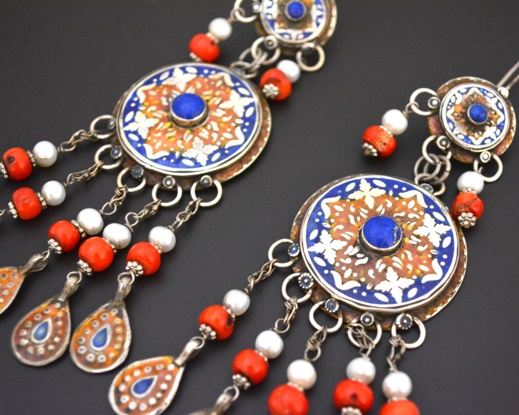Huge Uzbek Enamelled Lapis Dangle Earrings