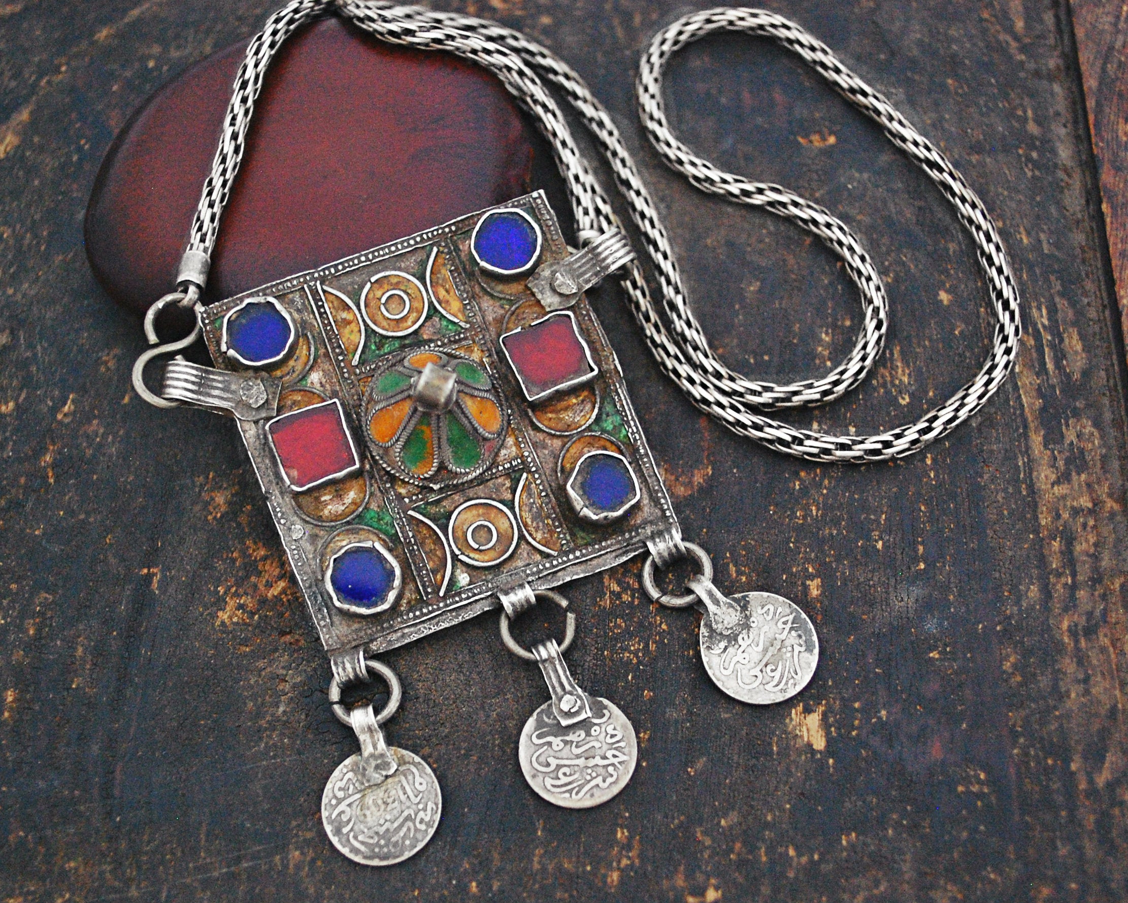 Old Berber Enamel Hirz Pendant with Coins on Silver Chain