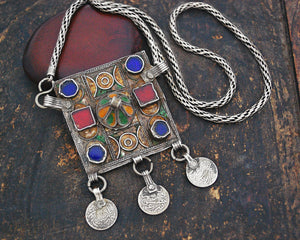 Old Berber Enamel Hirz Pendant with Coins on Silver Chain