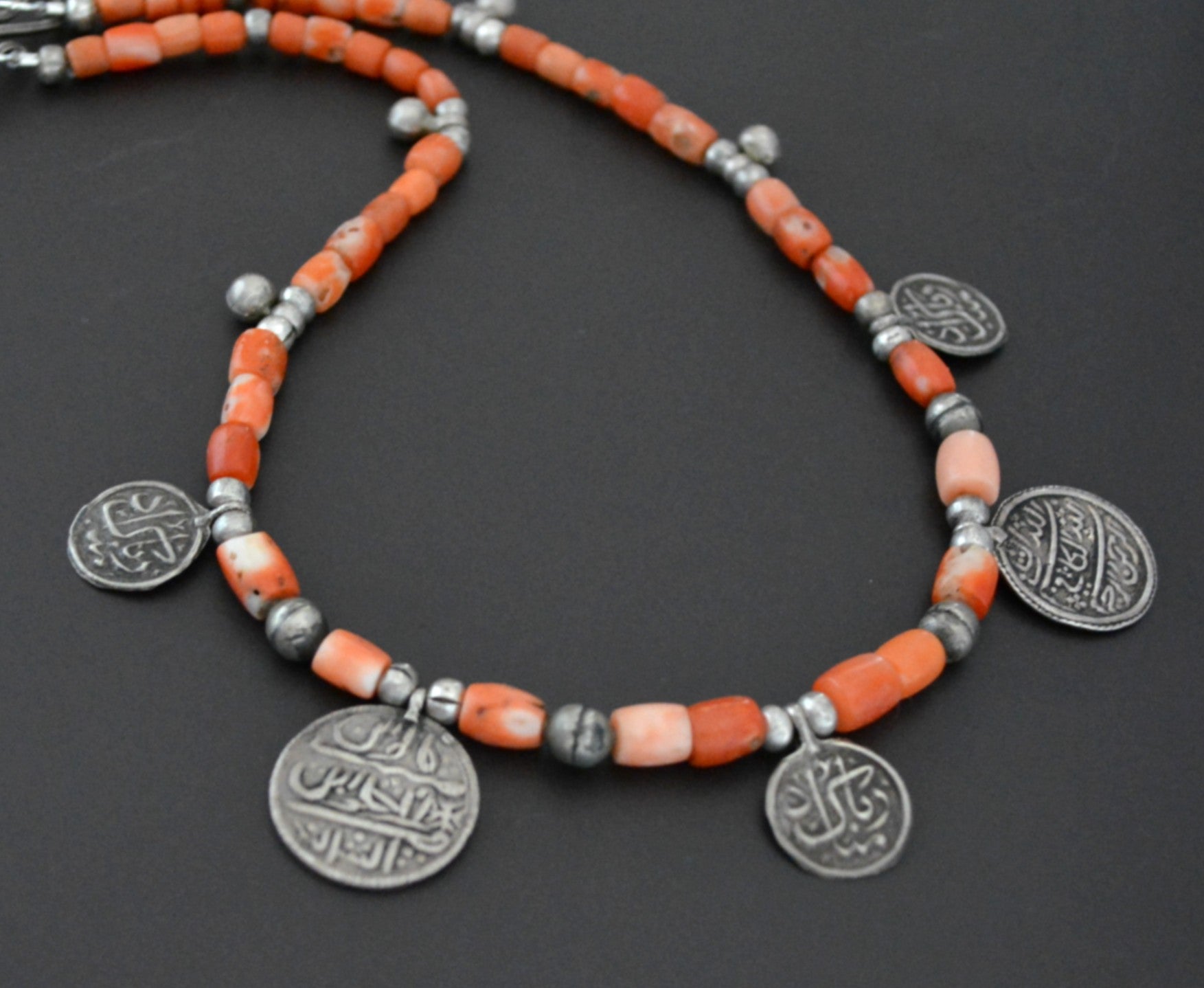 Coral Beads Necklace with Arabic Writing Coin Charms