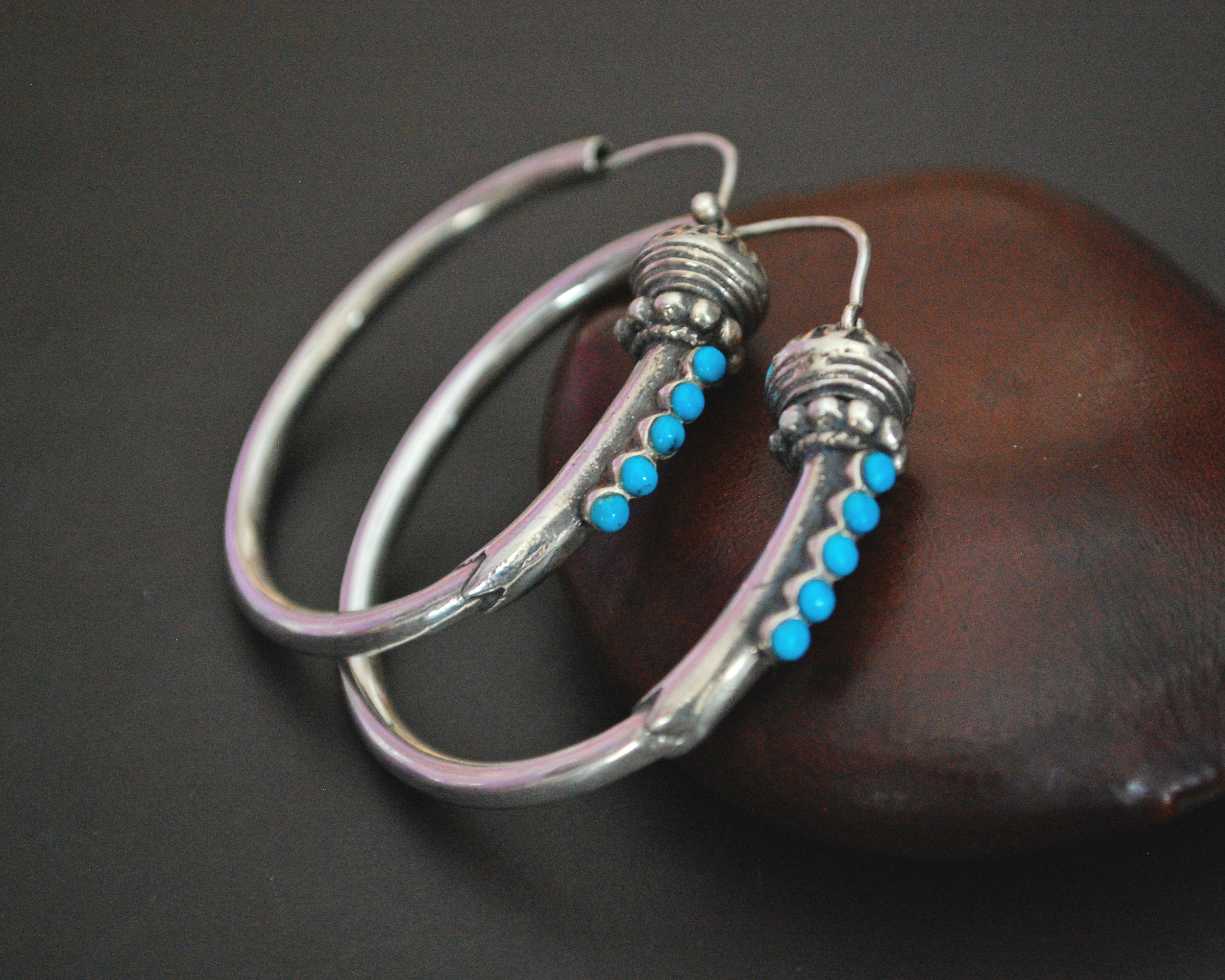 Ethnic Hoop Earrings with Turquoise - LARGE