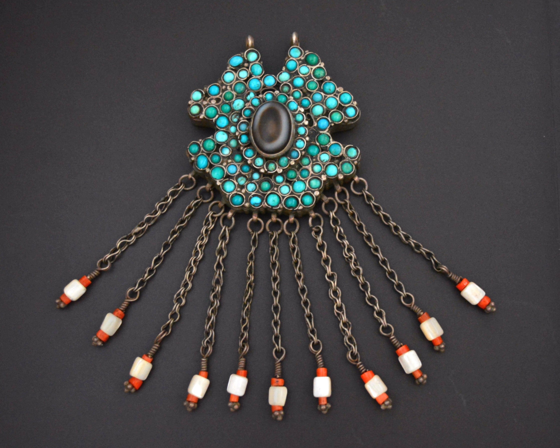 Exceptional Large Uzbek Turquoise and Coral Tassel Pendant with Eye Agate
