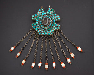 Exceptional Large Uzbek Turquoise and Coral Tassel Pendant with Eye Agate