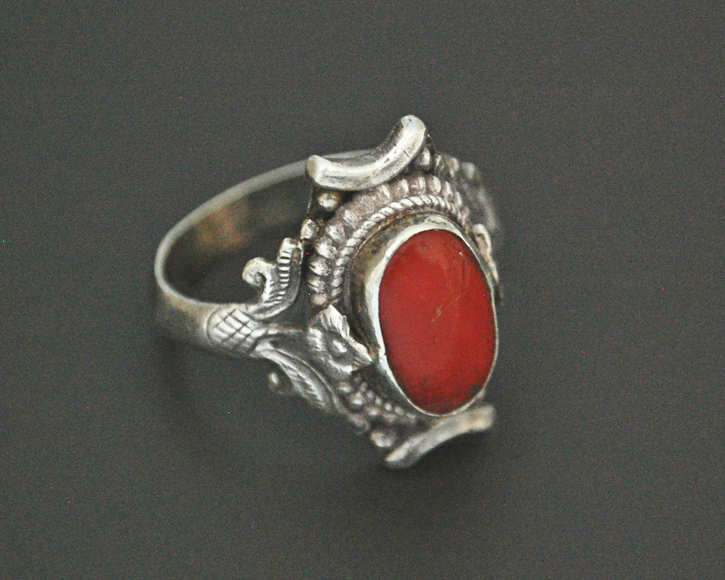 Vintage Nepali Coral Saddle Ring - Size 8