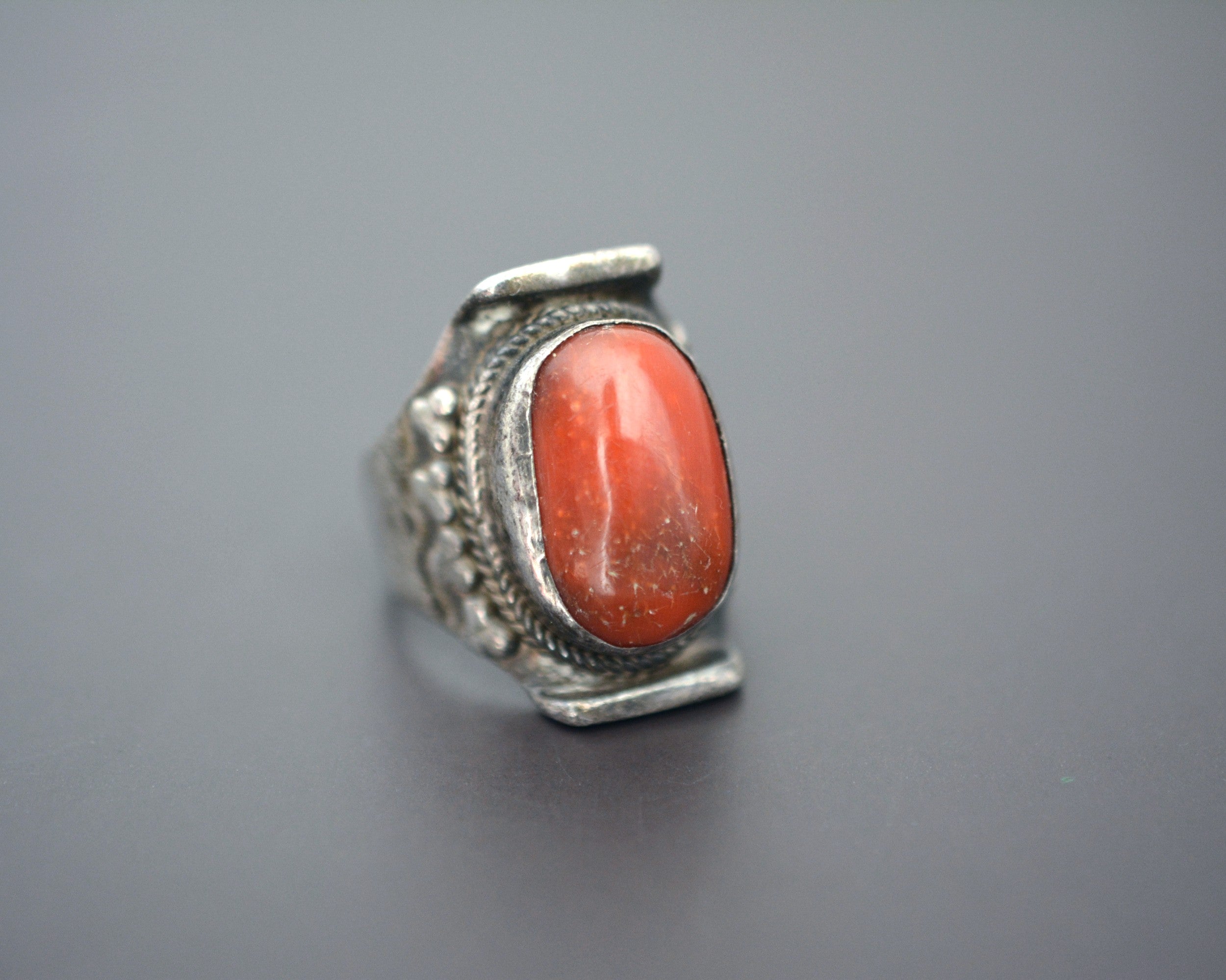 Nepali Tibetan Coral Saddle Ring - Size 9.25