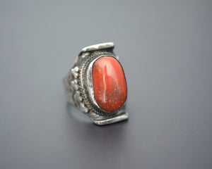 Nepali Tibetan Coral Saddle Ring - Size 9.25