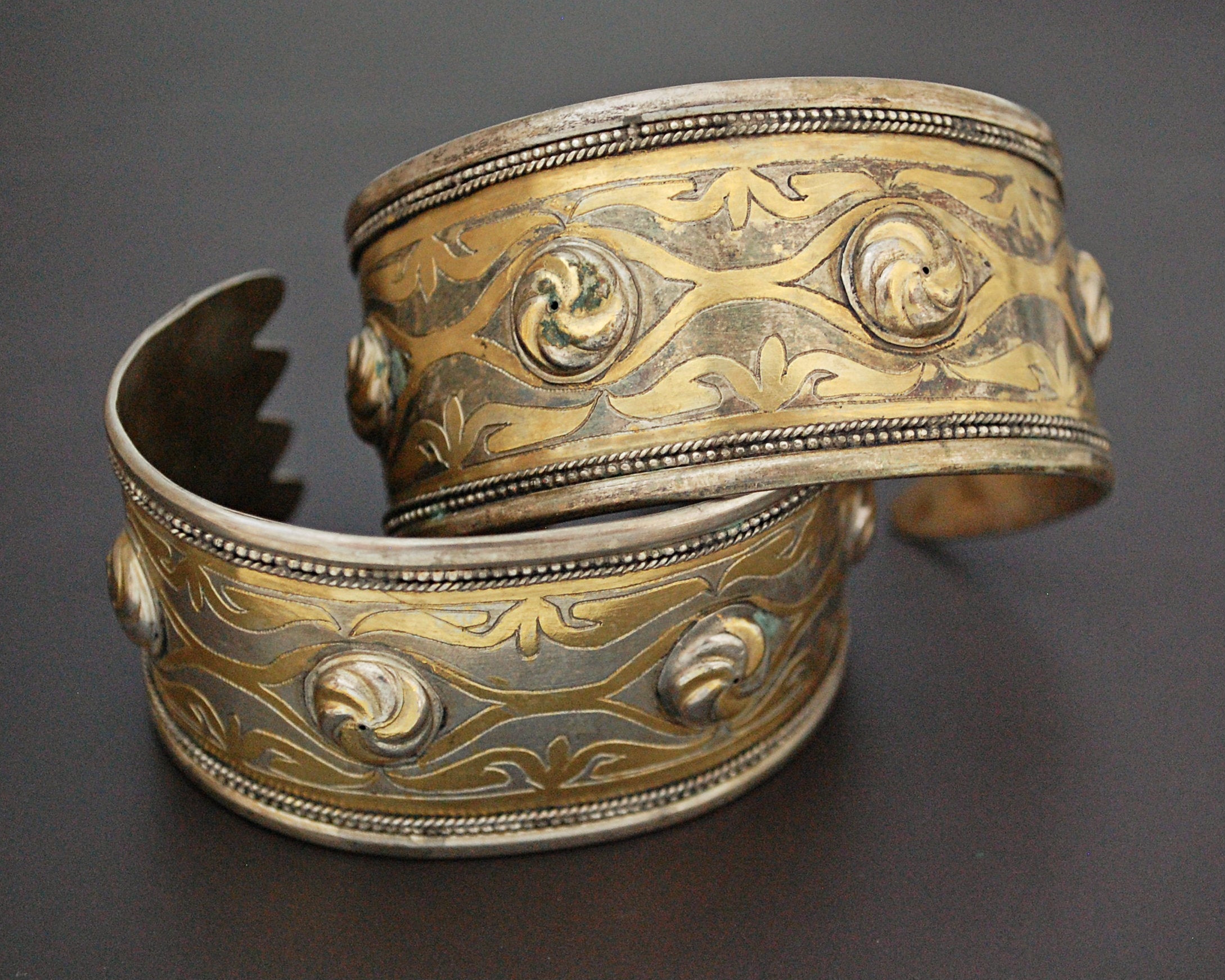 Pair Turkmen Gilded Silver Cuff Bracelets