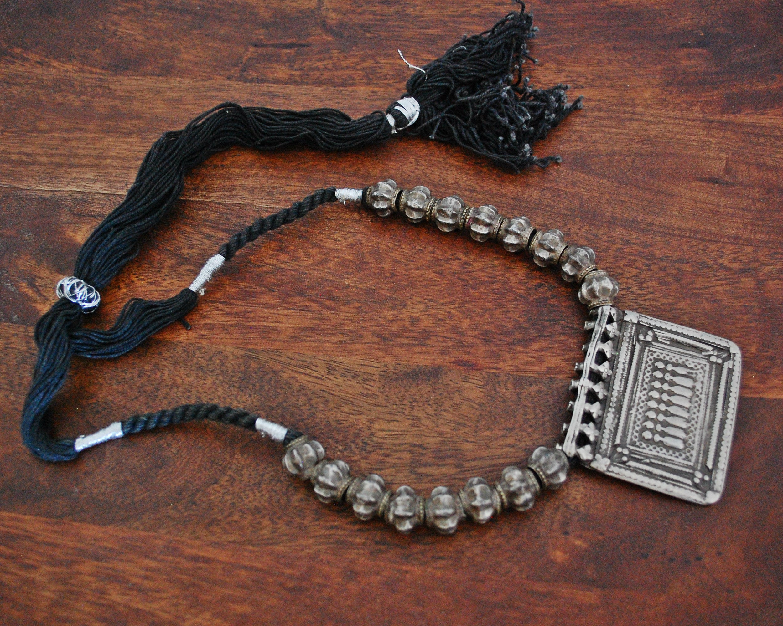 Rajasthani Sapta Matrika Silver Necklace on Cotton Cord
