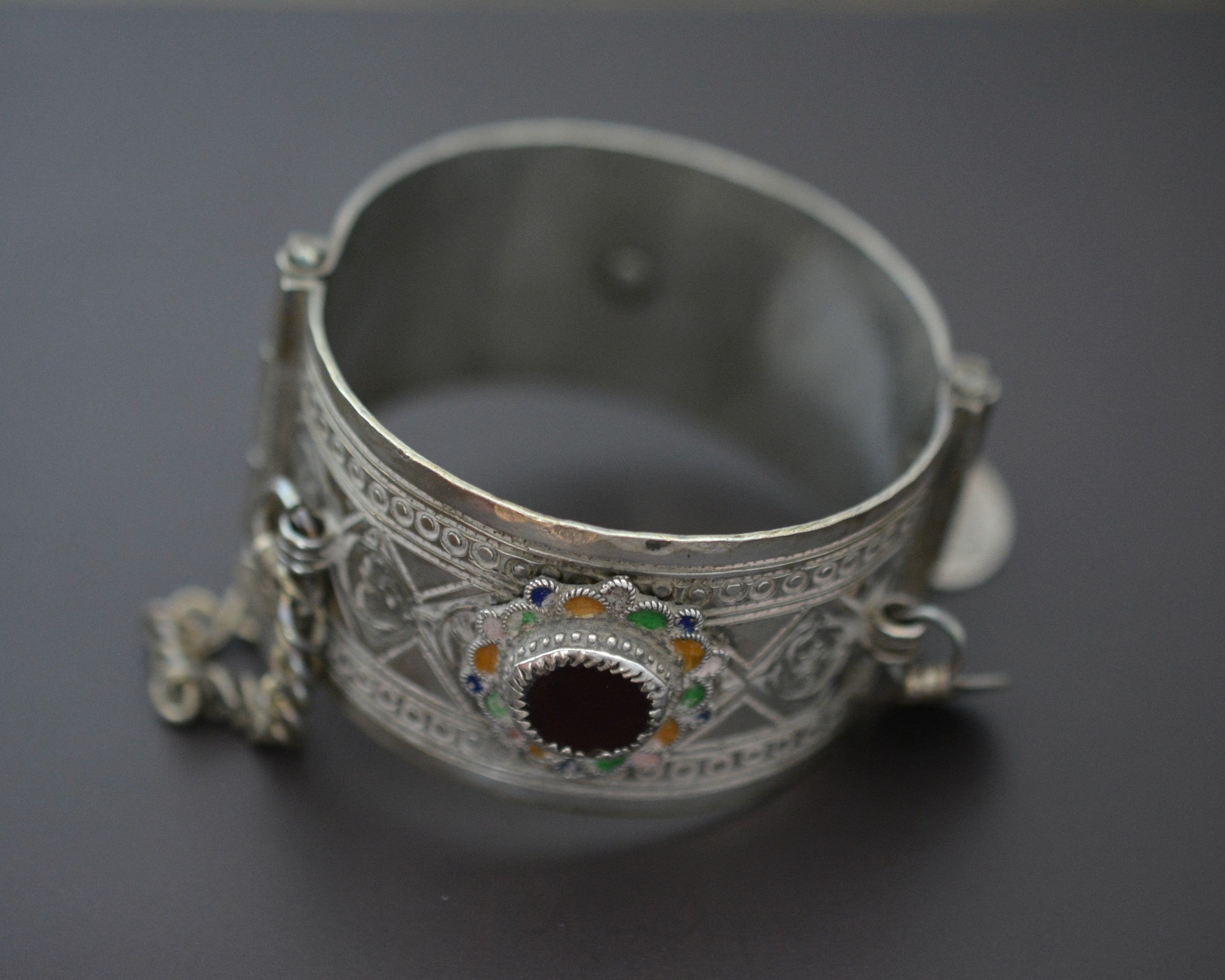Berber Hinged Enamel Bracelet with Glass and Coins