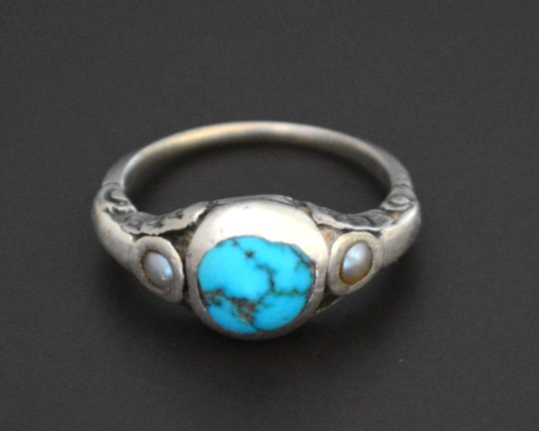 Old Tibetan Turquoise Pearl Ring - Size 7.5