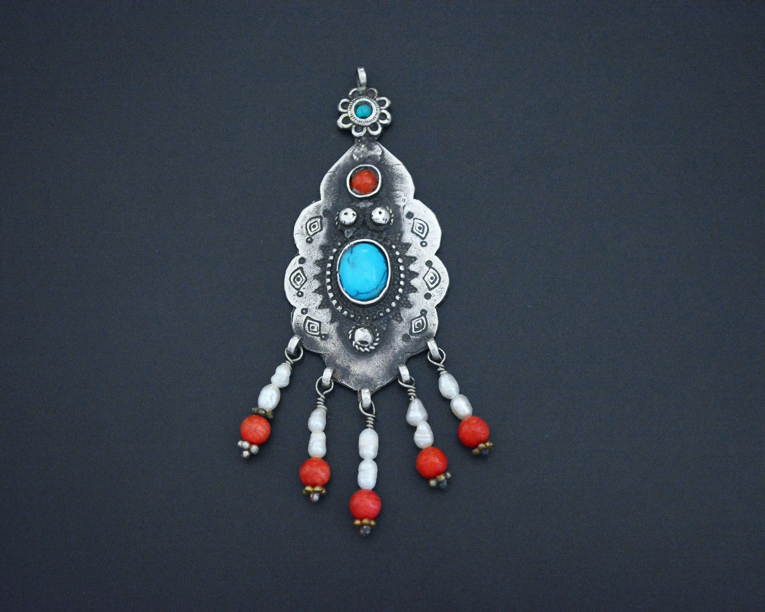 Gorgeous Uzbek Turquoise, Pearl and Coral Pendant
