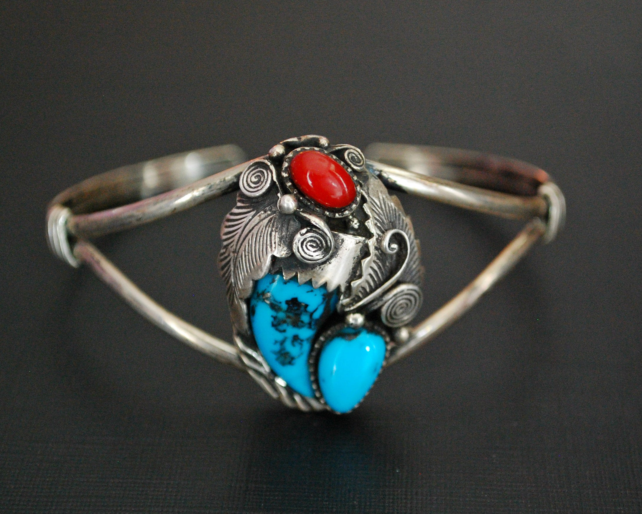 Navajo Turquoise Coral Claw Cuff Bracelet