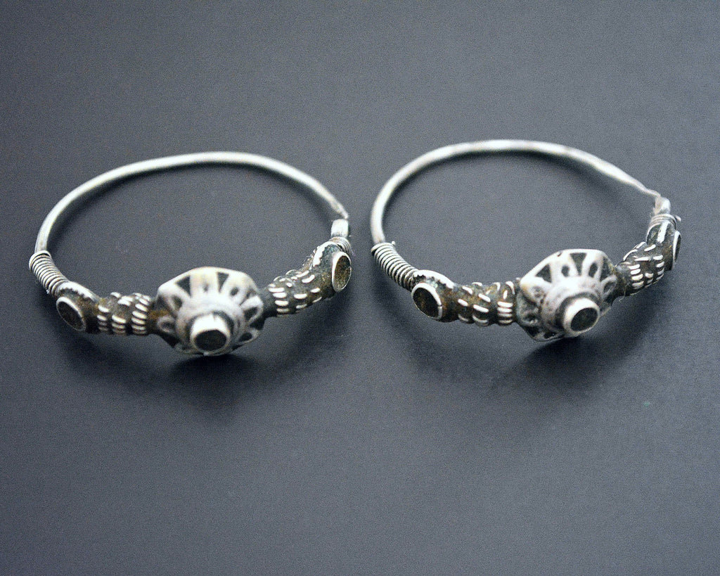 Afghani Tribal Hoop Earrings with Flower Motif