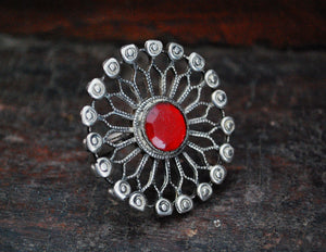 Huge Antique Afghani Silver Ring with Red Glass - Size 7.25