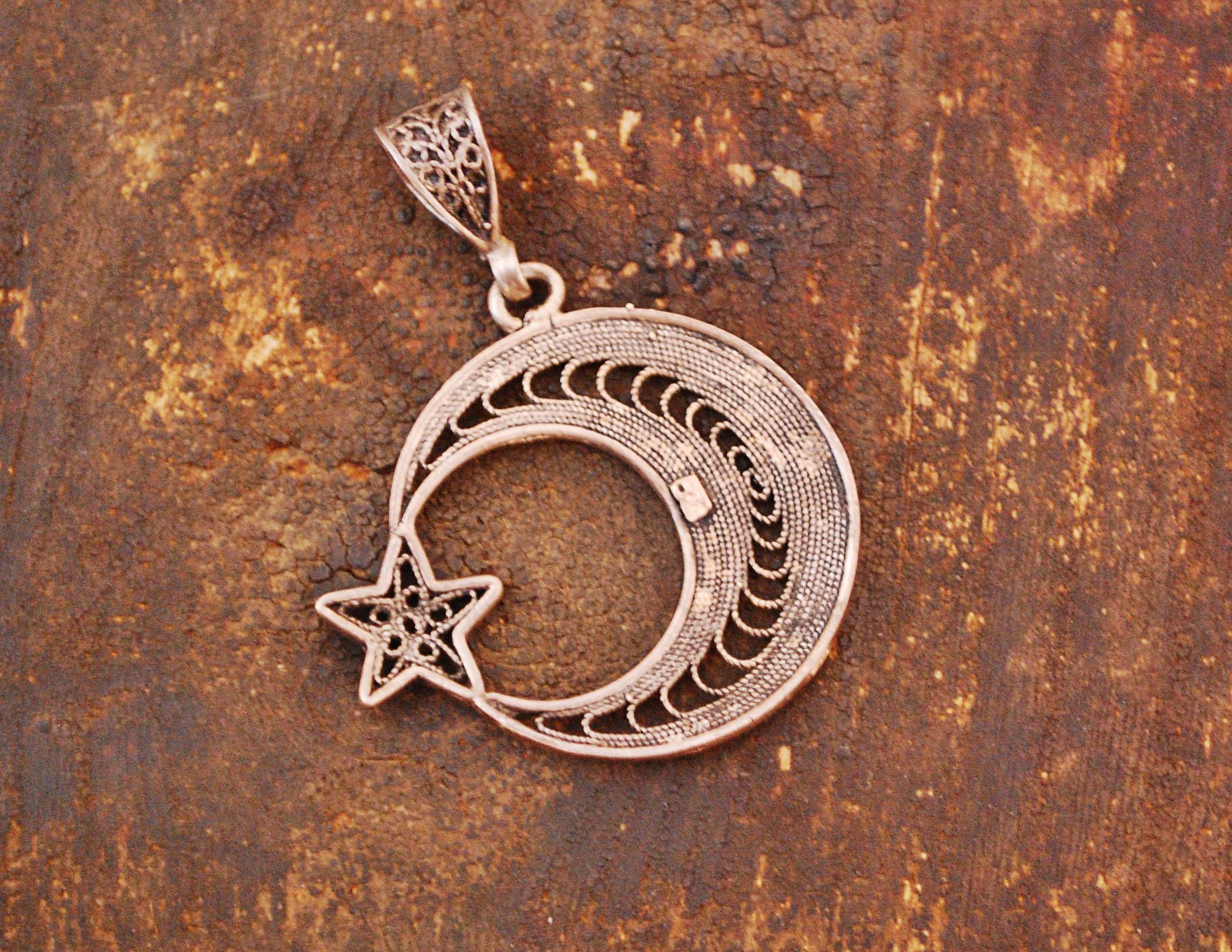Filigree Crescent Moon and Star Pendant from Morocco