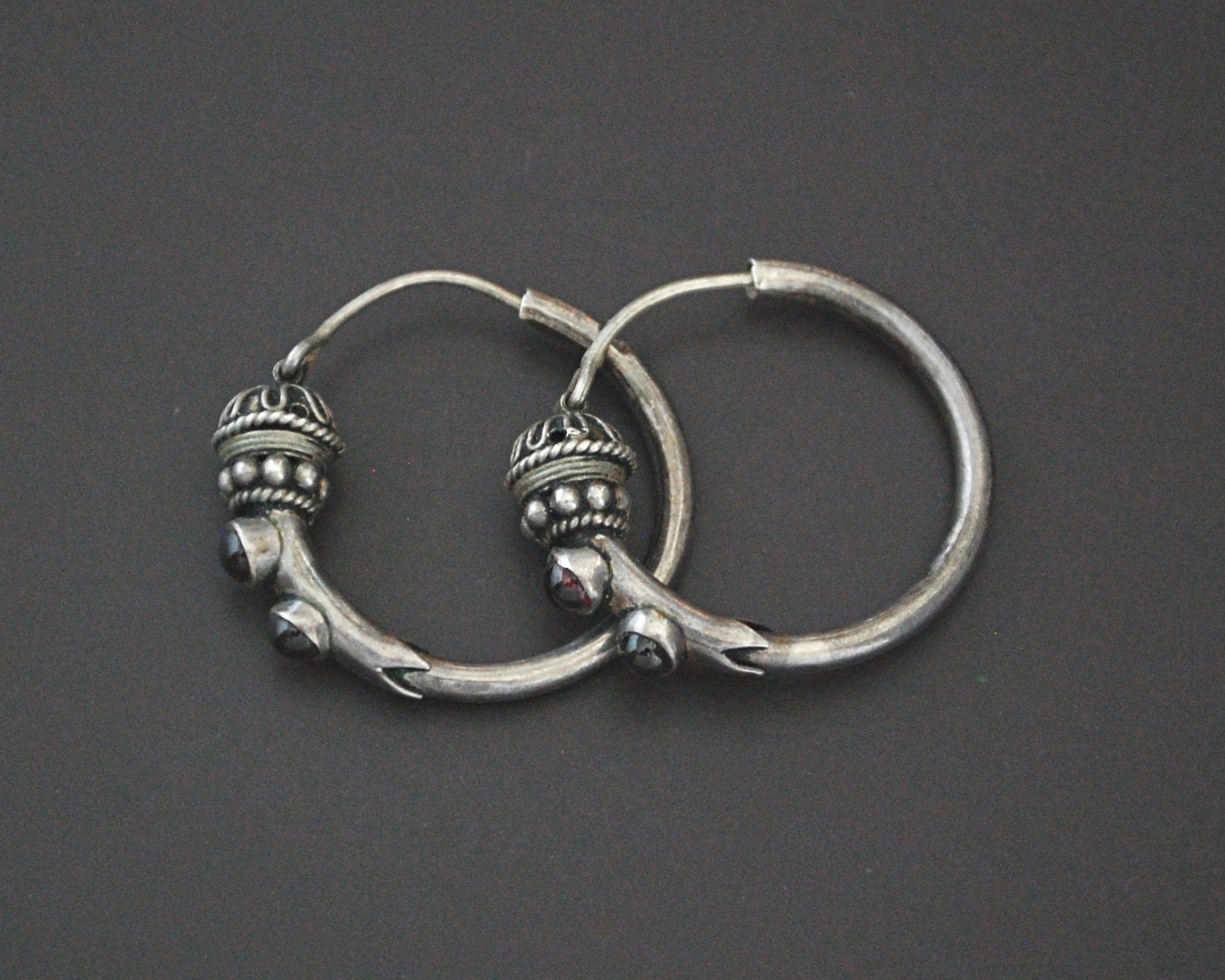 Ethnic Bali Hoop Earrings with Garnet