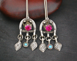 Afghani Earrings with Turquoise and Pink Glass