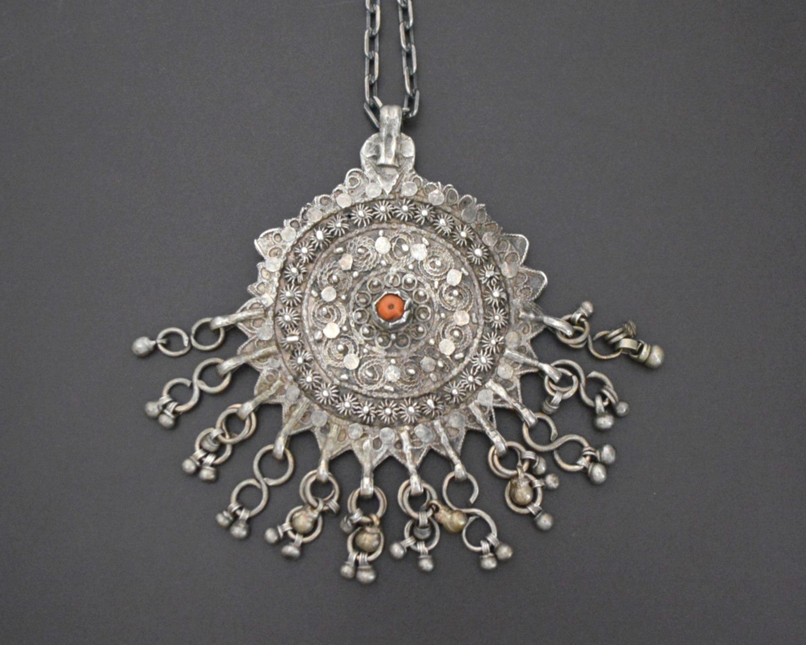 Yemeni Filigree Coral Pendant with Dangles on Silver Chain
