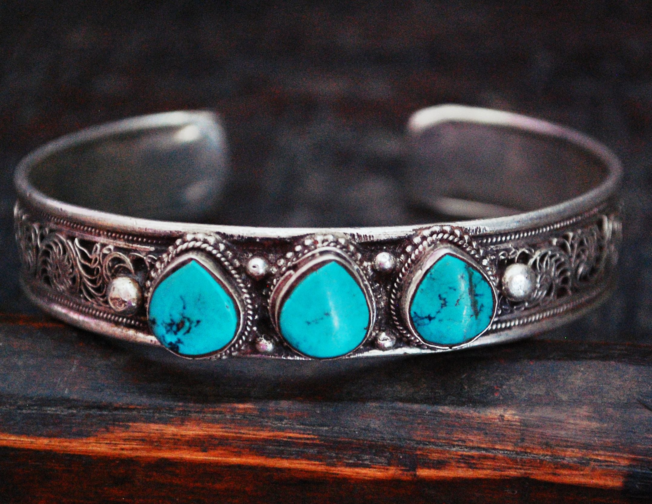 Nepali Turquoise Cuff Bracelet with Filigree Work