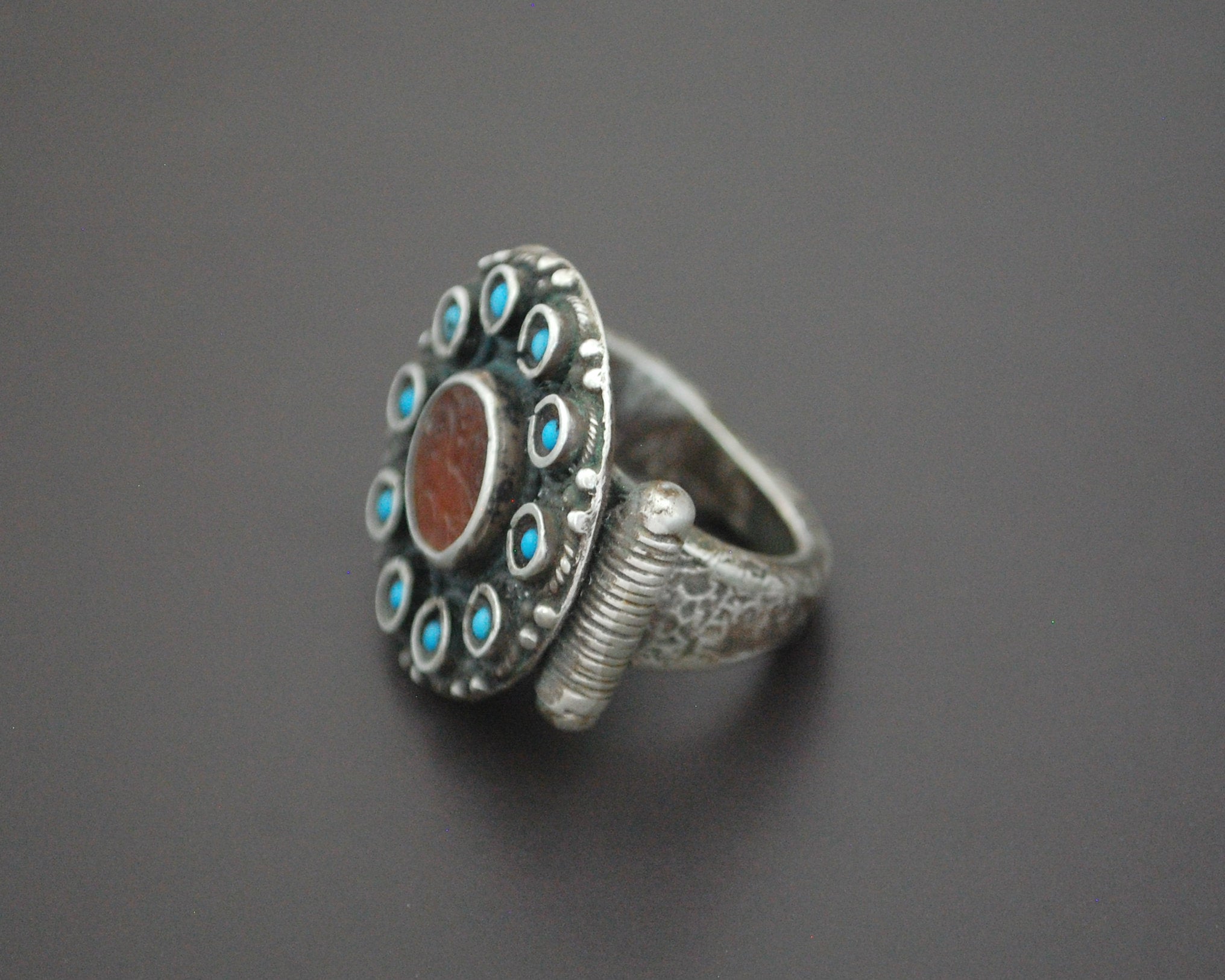 Bold Afghani Carnelian Turquoise Ring - Size 7.5