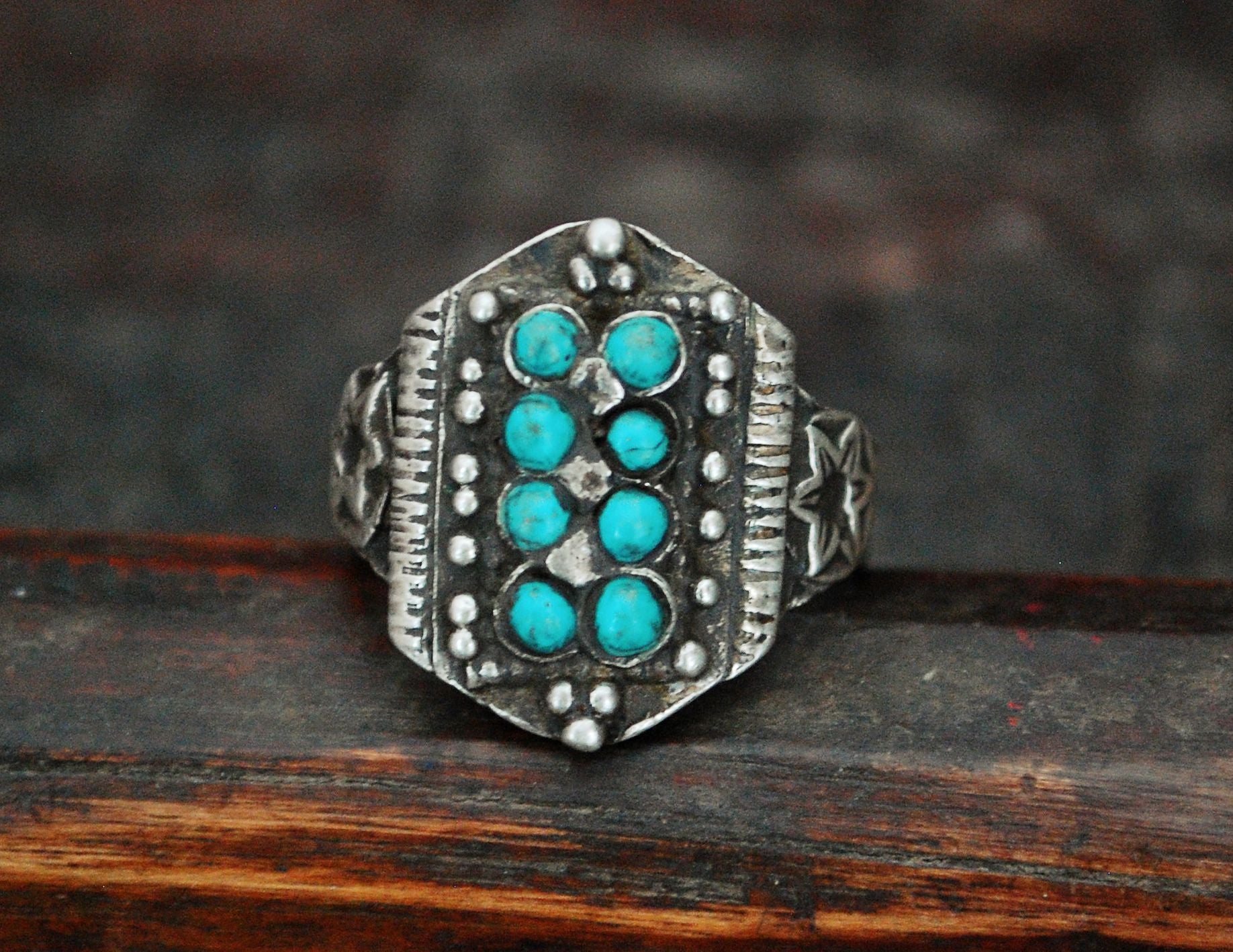 Antique Afghani Silver Ring with Turquoises - Size 8.5