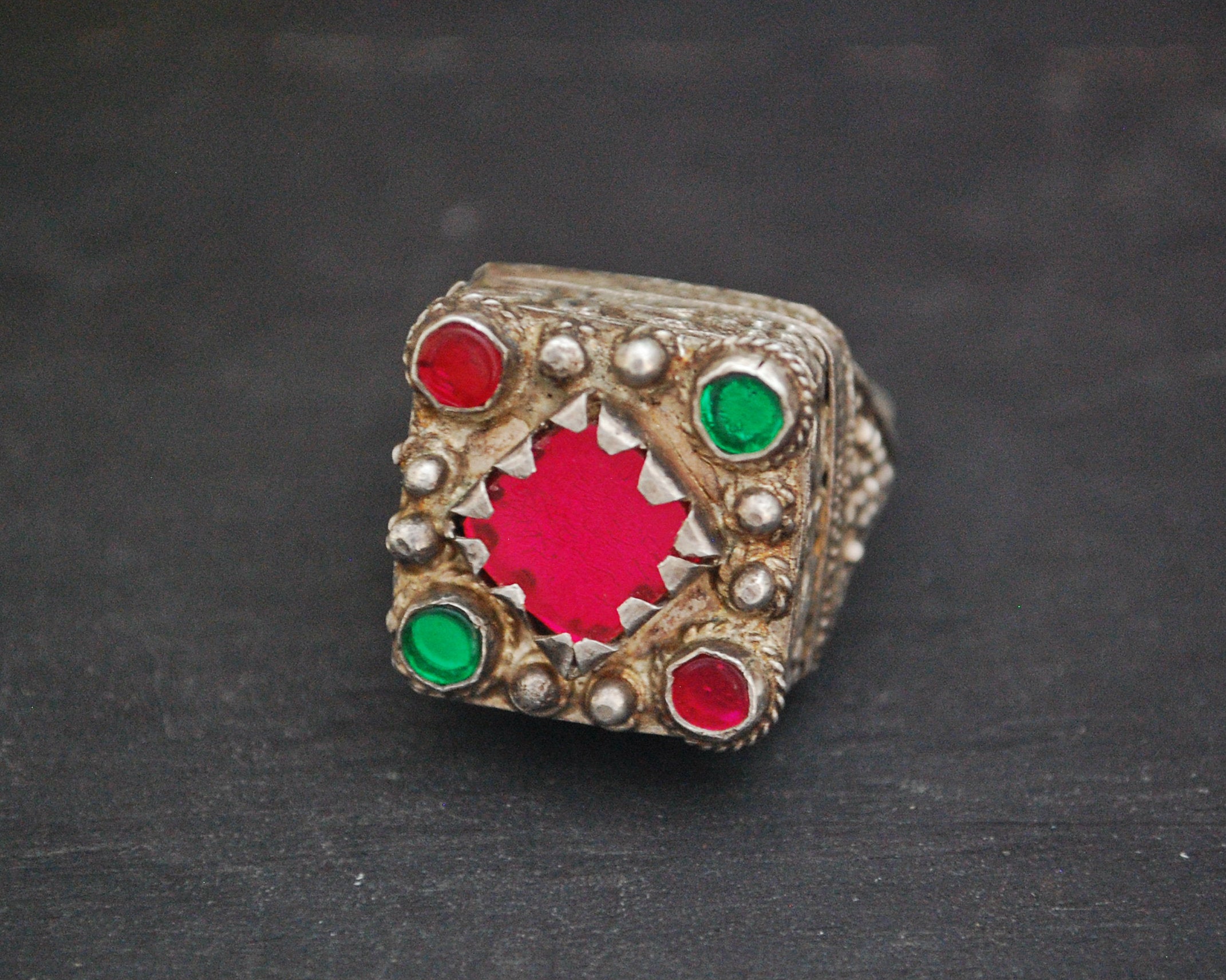 Pashtun Silver Ring with Red Glass - Size 9