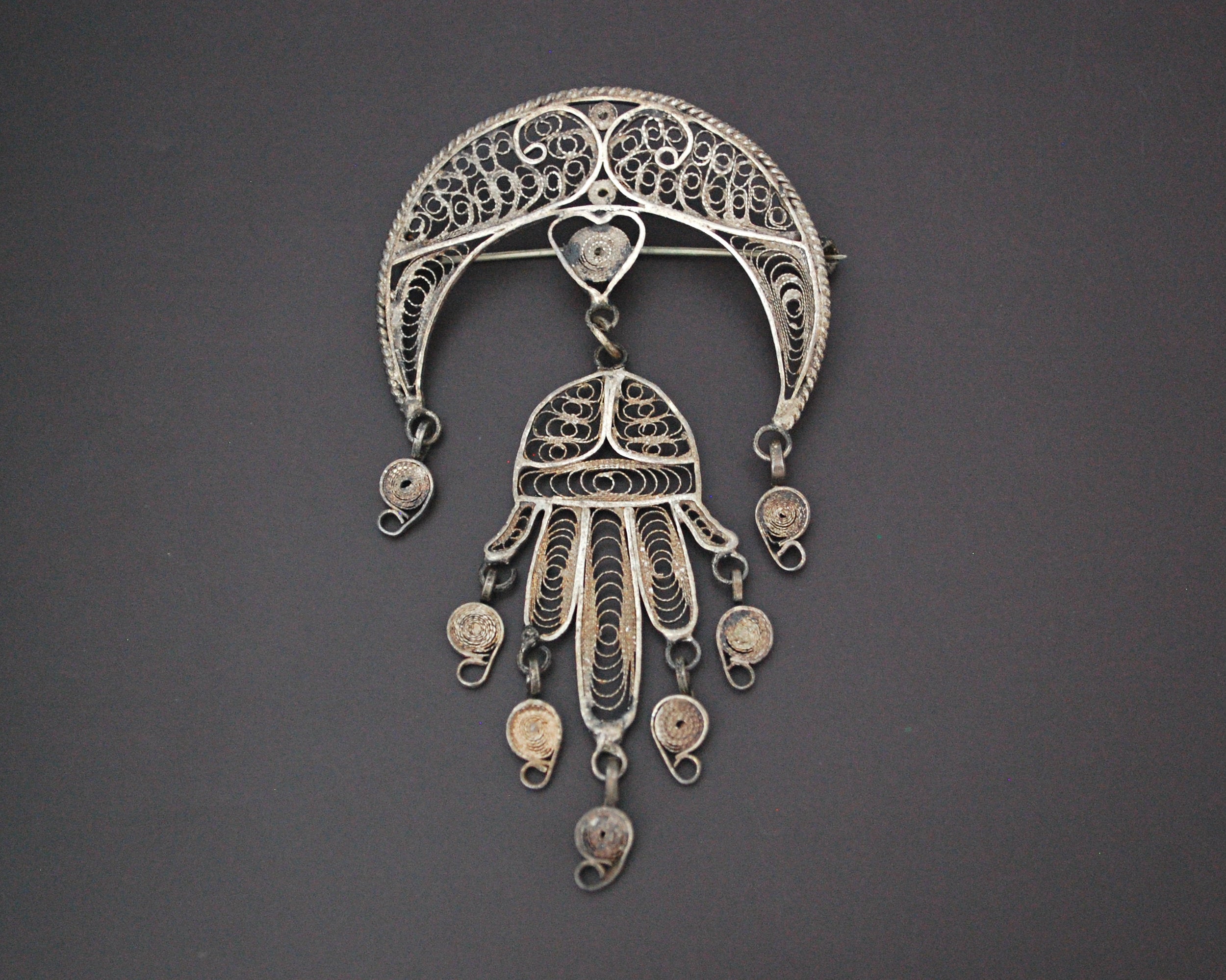 Tunisian Filigree Crescent and Hand of Fatima Brooch