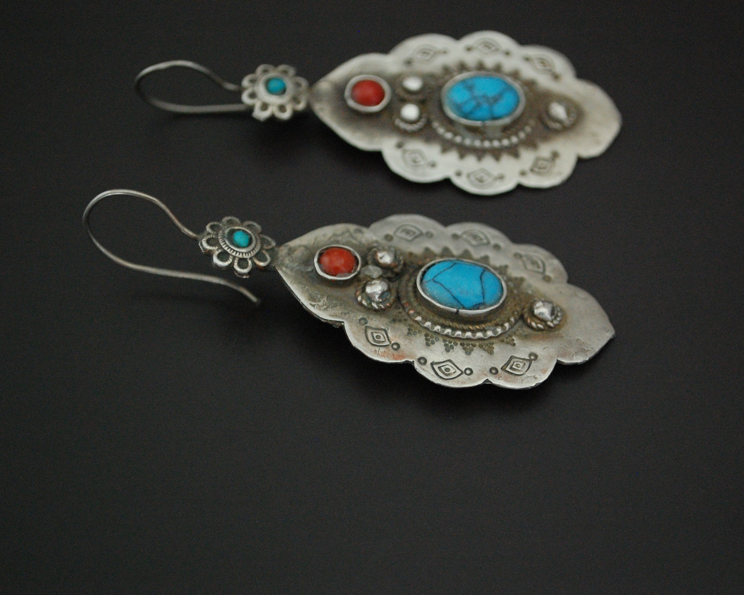 Turkmen Earrings with Coral and Turquoise
