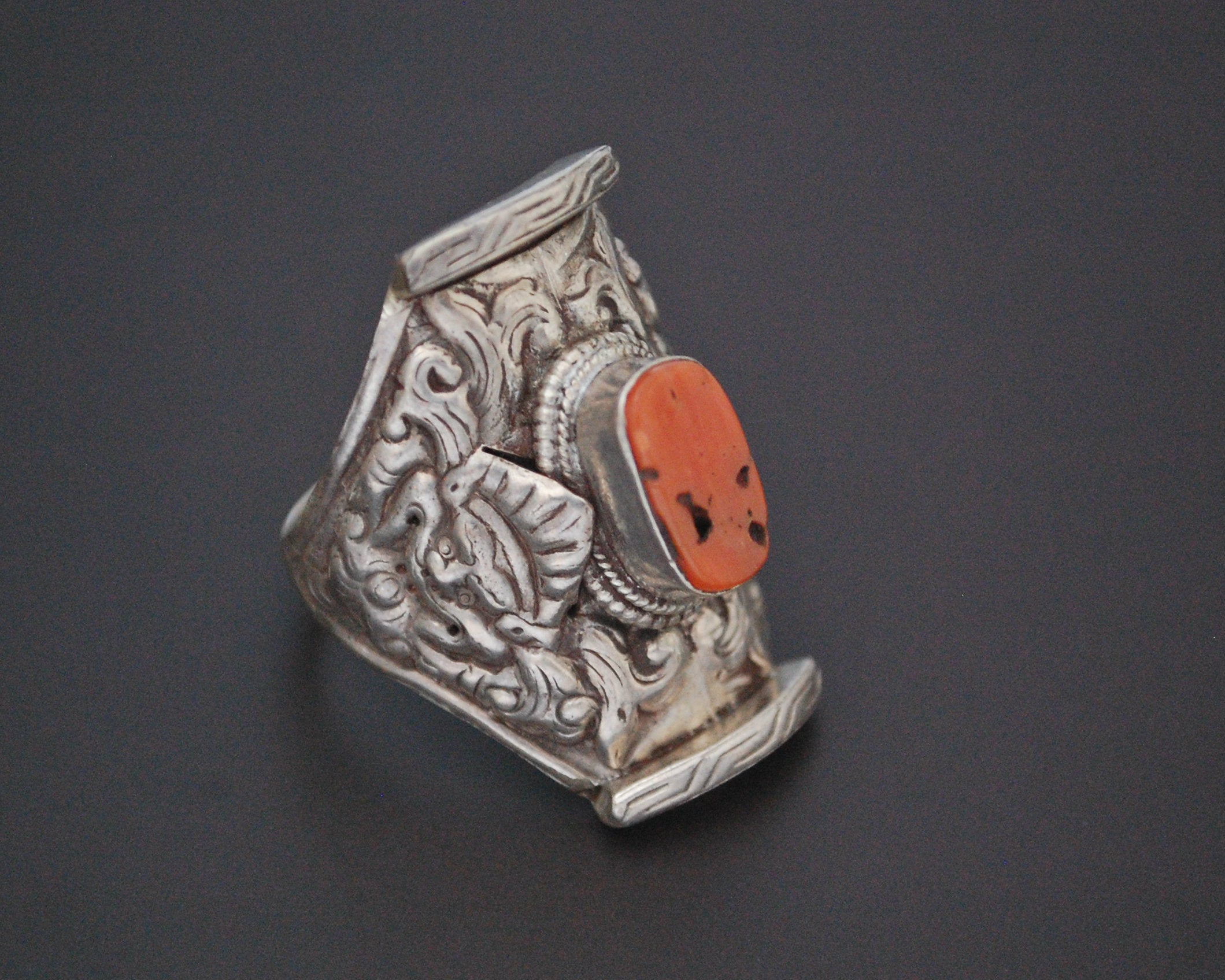 Large Tibetan Coral Saddle Ring - Size 12.5