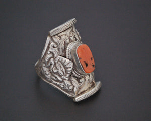 Large Tibetan Coral Saddle Ring - Size 12.5