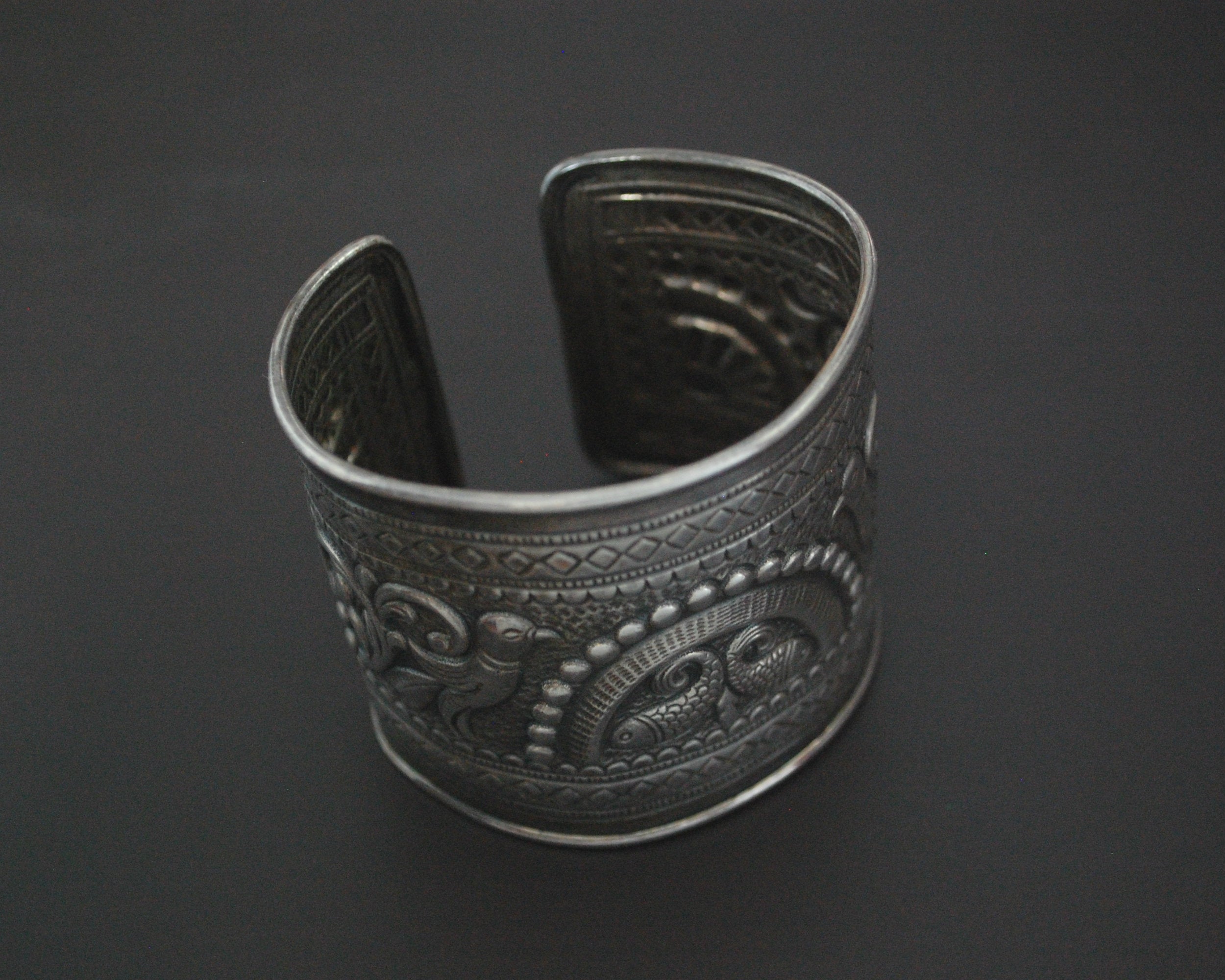 Wide Fish and Birds Silver Cuff Bracelet - Sterling Silver