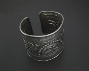 Wide Fish and Birds Silver Cuff Bracelet - Sterling Silver