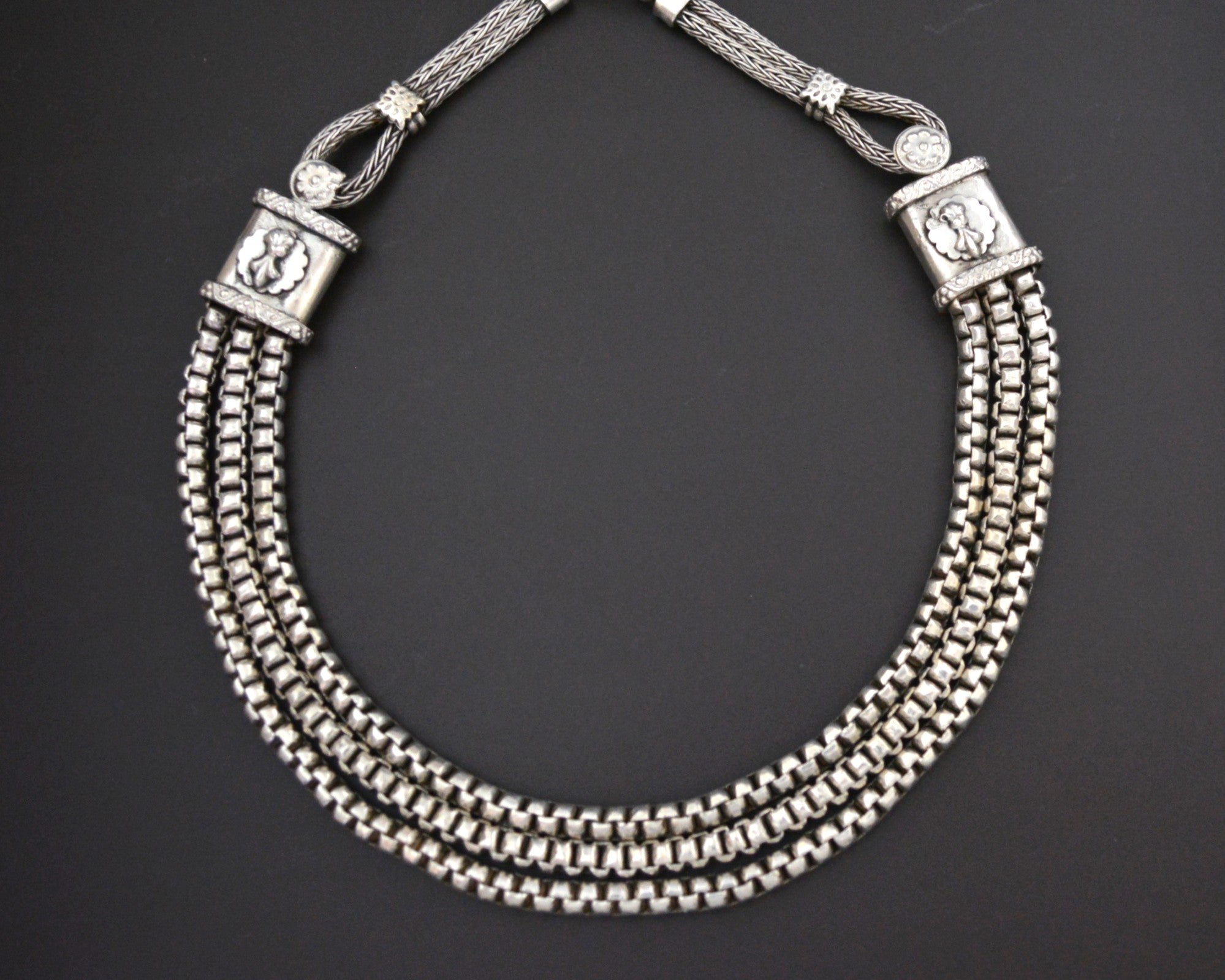 Heavy Bold Indian Silver Choker Three Strand Snake Chain Necklace