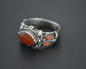 Old Afghani Coral and Carnelian Ring - Size 10.5
