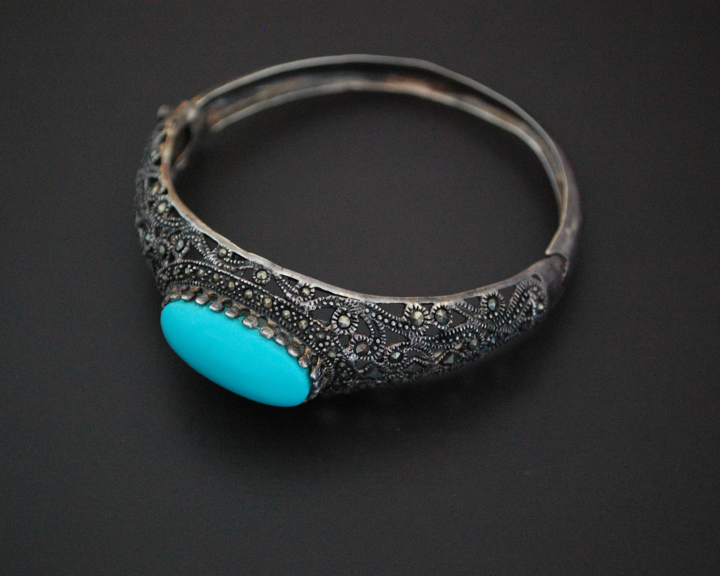 Gorgeous Turquoise and Marcasite Hinged Bracelet