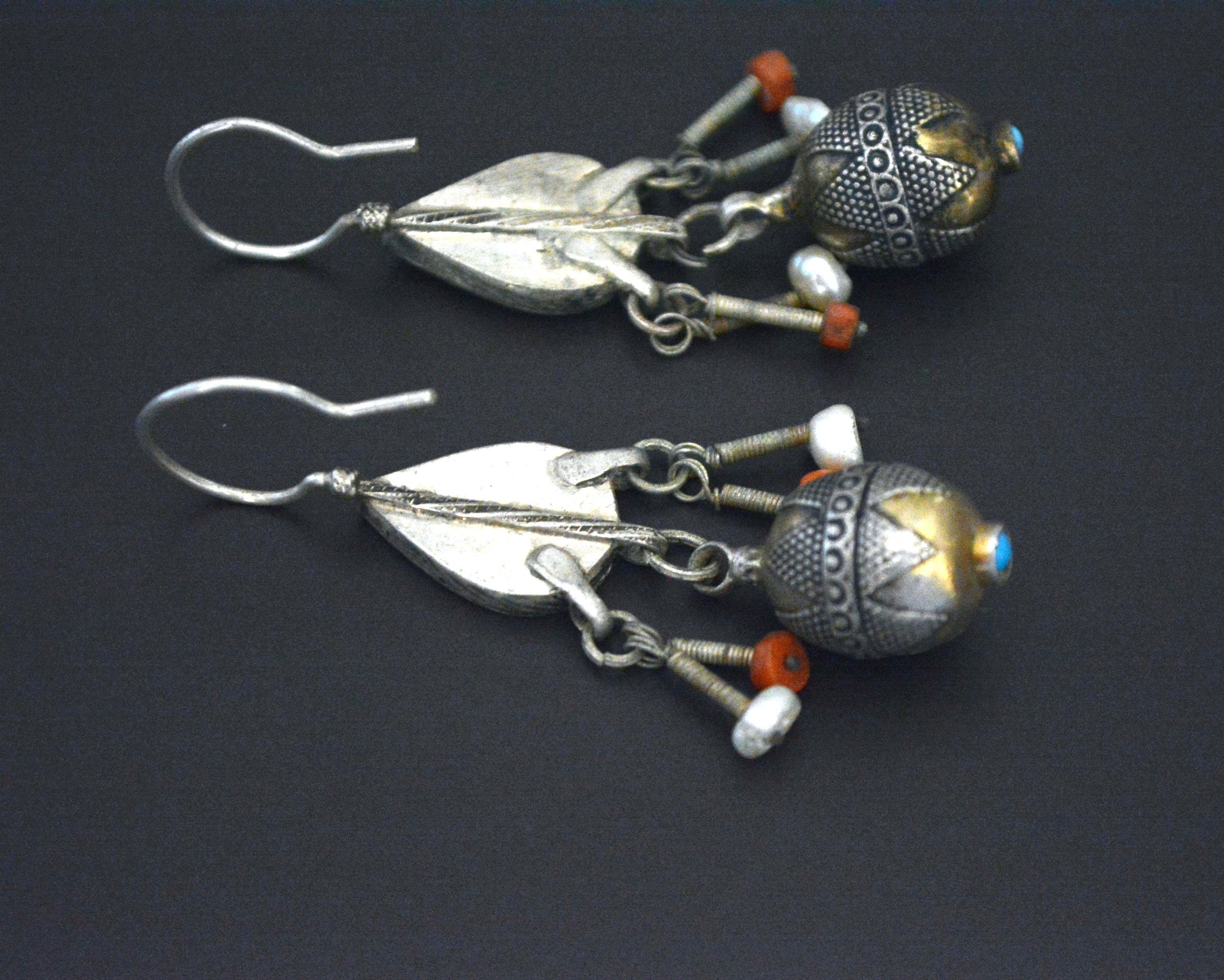 Vintage Kazakh Earrings with Coral and Pearls