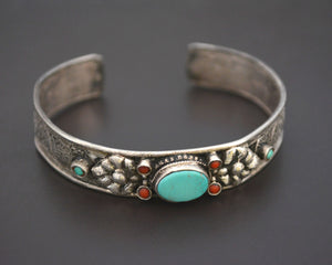 Nepali Turquoise Coral Cuff Bracelet with Filigree Work - SMALL