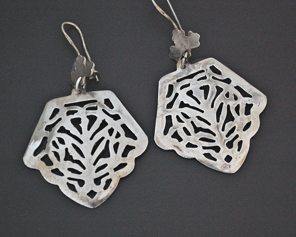 Large Ethnic Silver Dangle Earrings with Cut Out Design