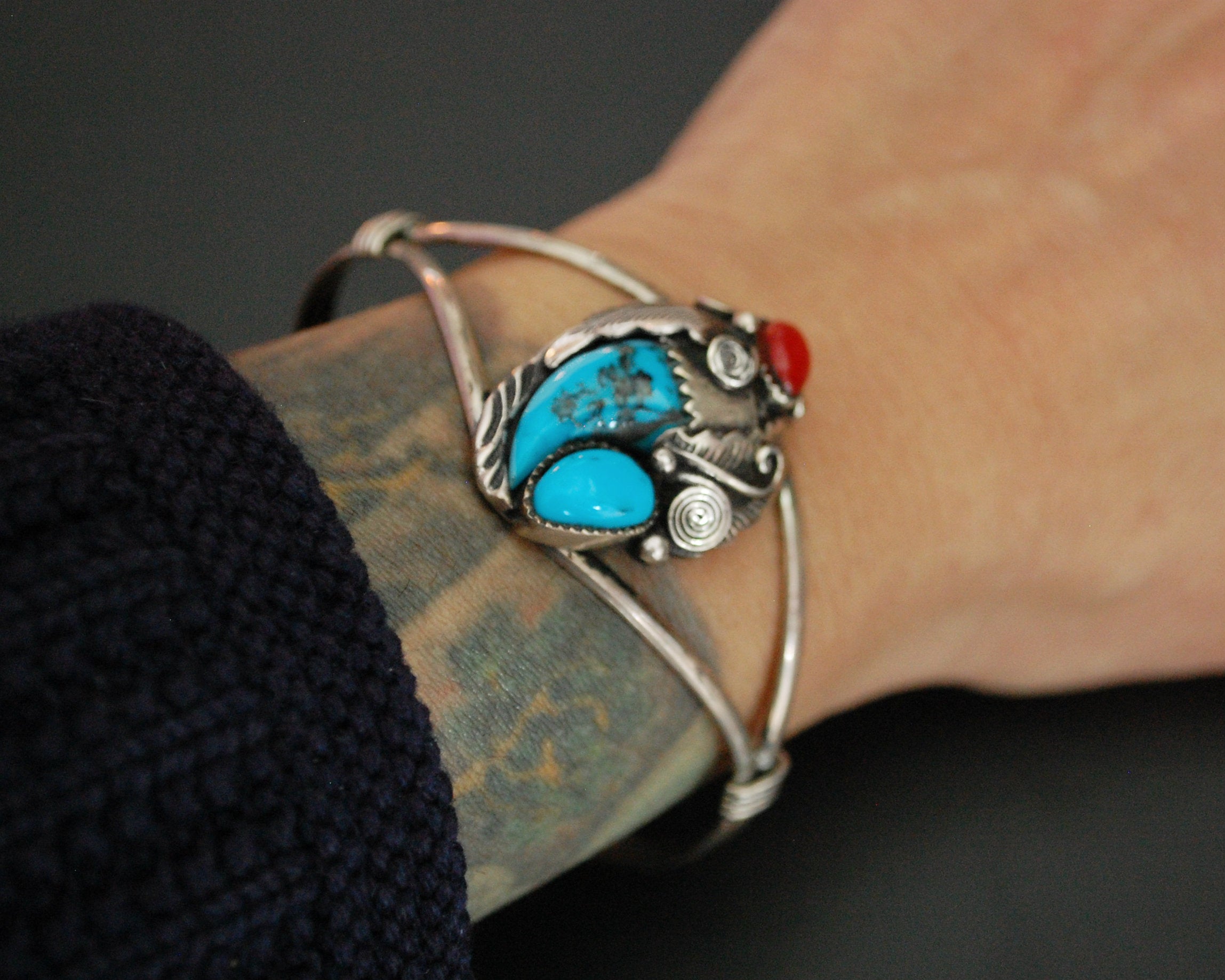 Navajo Turquoise Coral Claw Cuff Bracelet