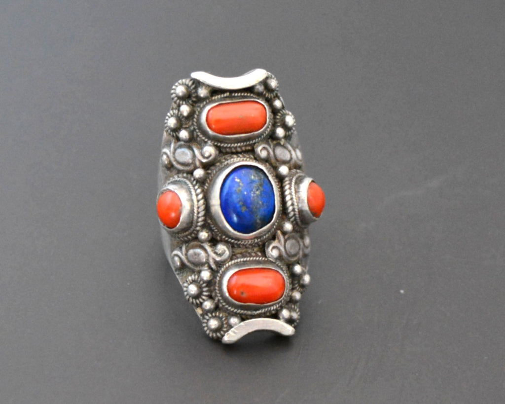 Nepali Coral Lapis Lazuli Saddle Ring - Size 8.5