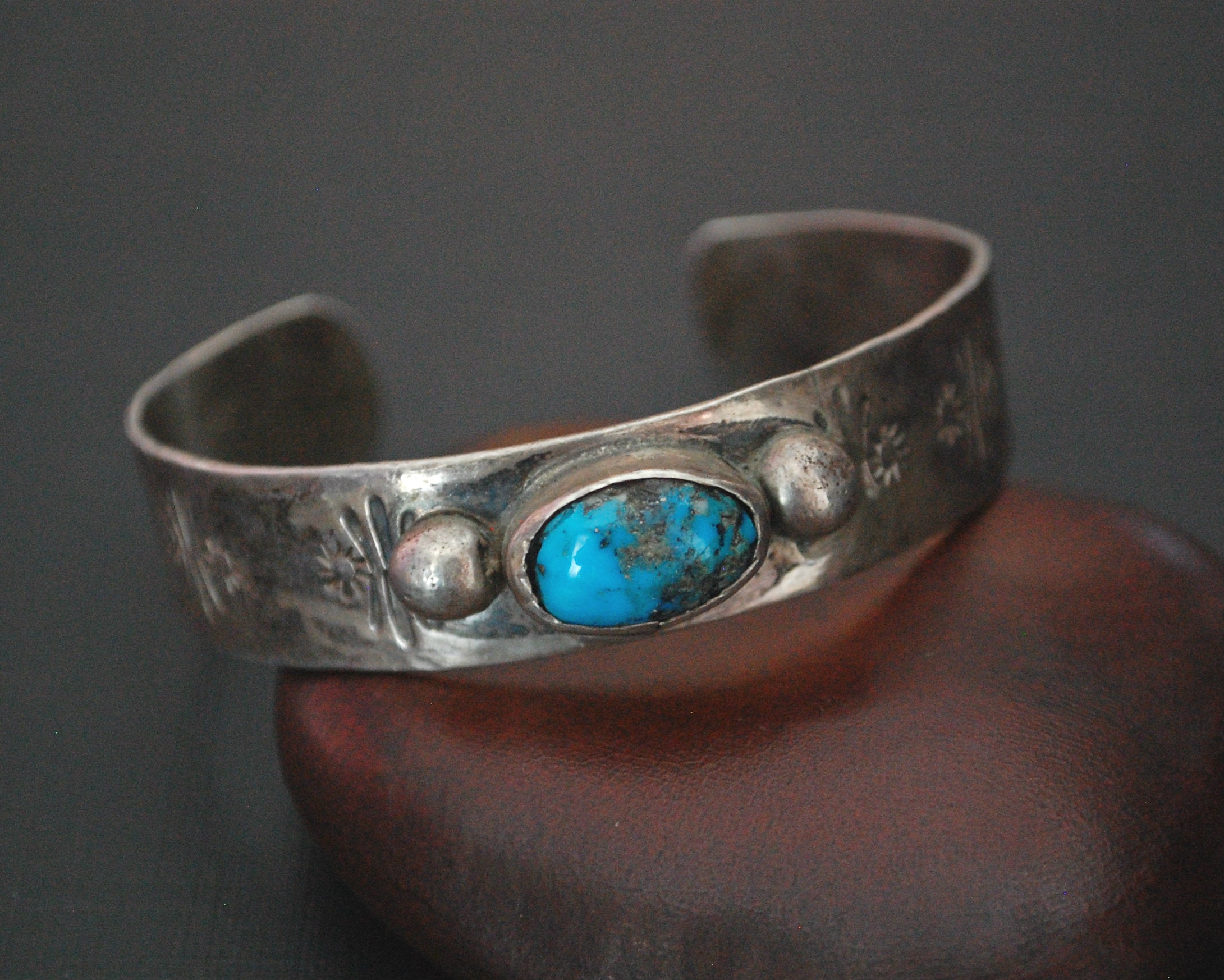 Old Navajo Stamped Turquoise Cuff Bracelet - SMALL