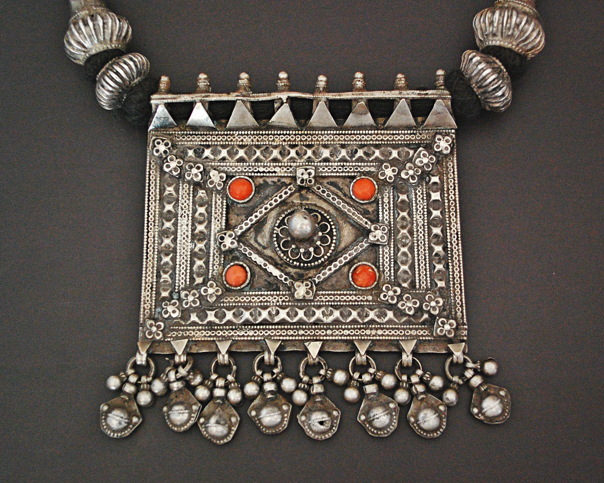 Huge Indian Coral Silver Necklace on Cotton Cord