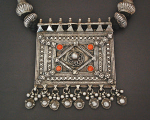 Huge Indian Coral Silver Necklace on Cotton Cord