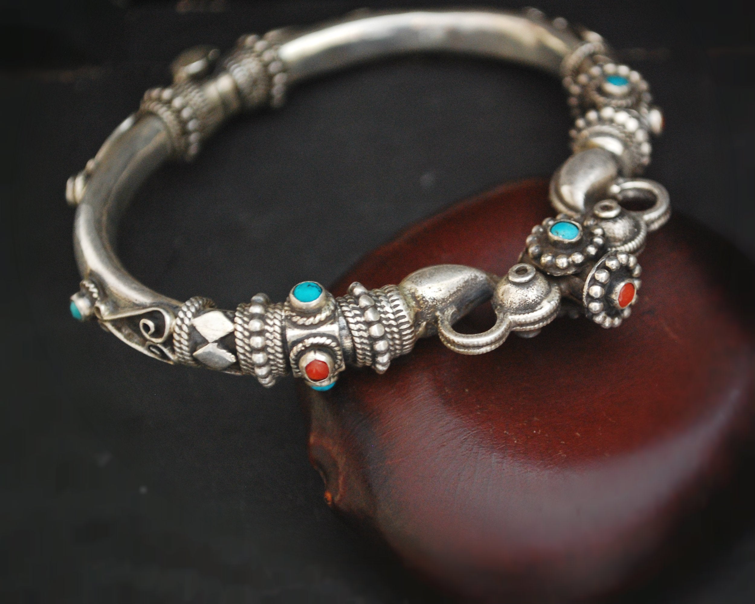 Indian Silver Bracelet with Turquoise and Coral