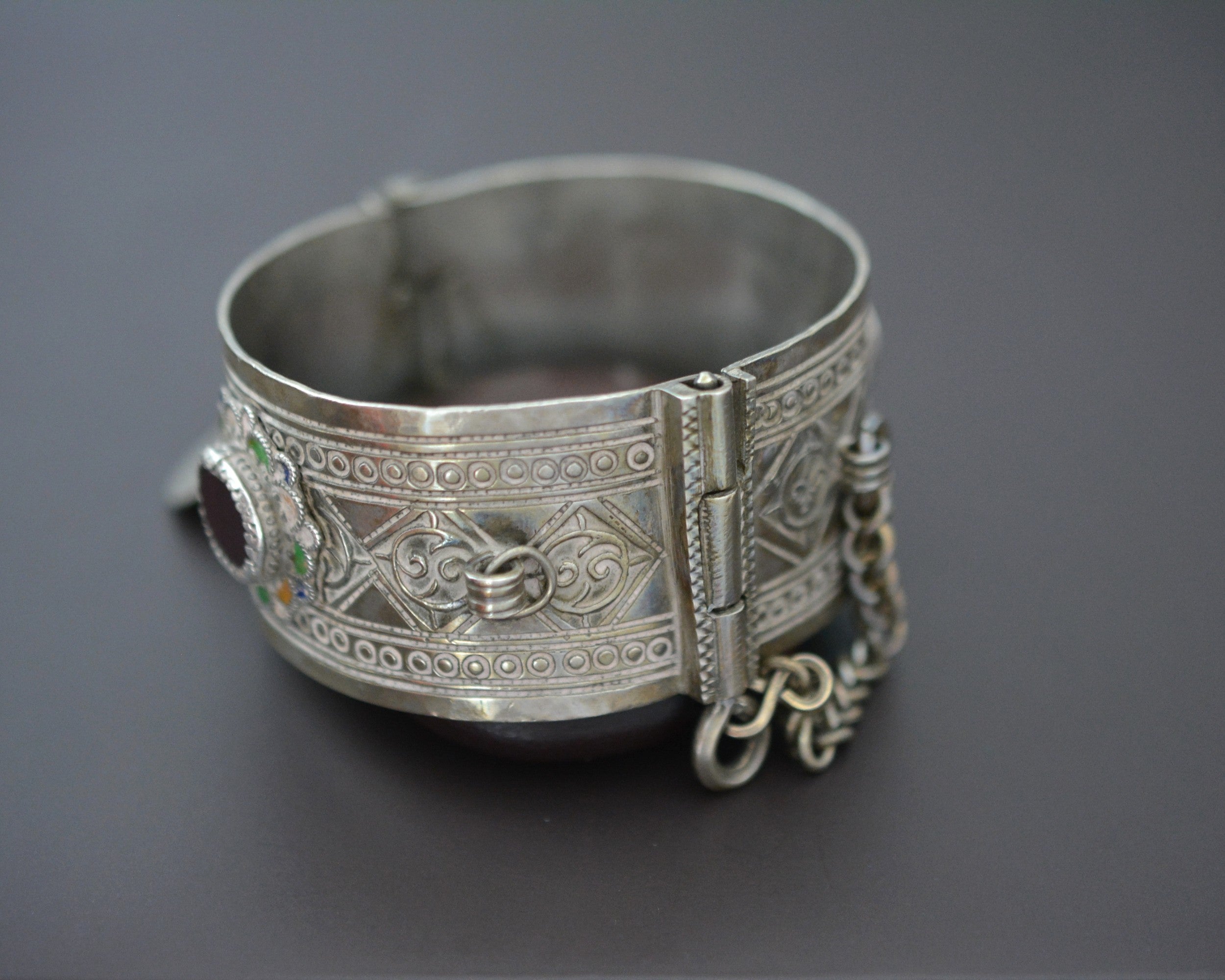 Berber Hinged Enamel Bracelet with Glass and Coins