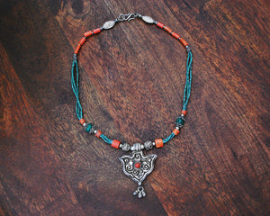 Vintage Nepali Coral Malachite Gau Necklace
