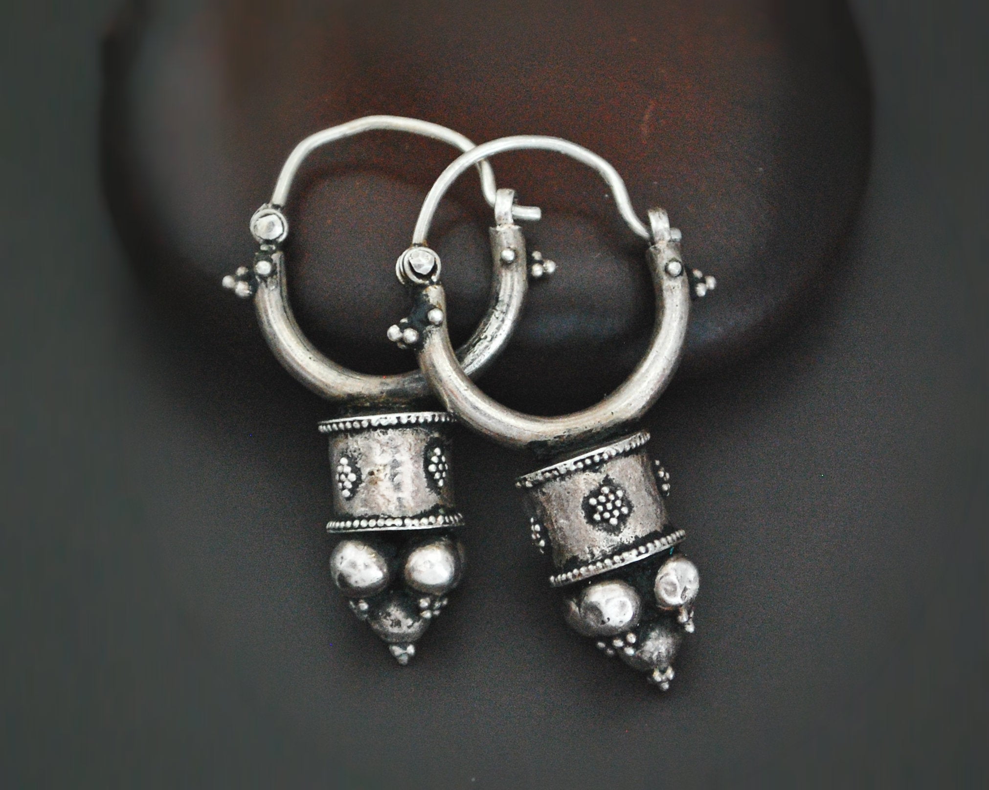 Uzbek Silver Hoop Earrings with Decorations