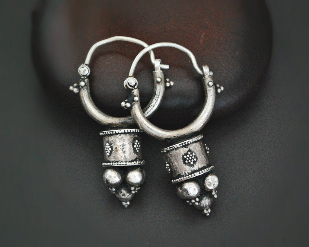 Uzbek Silver Hoop Earrings with Decorations